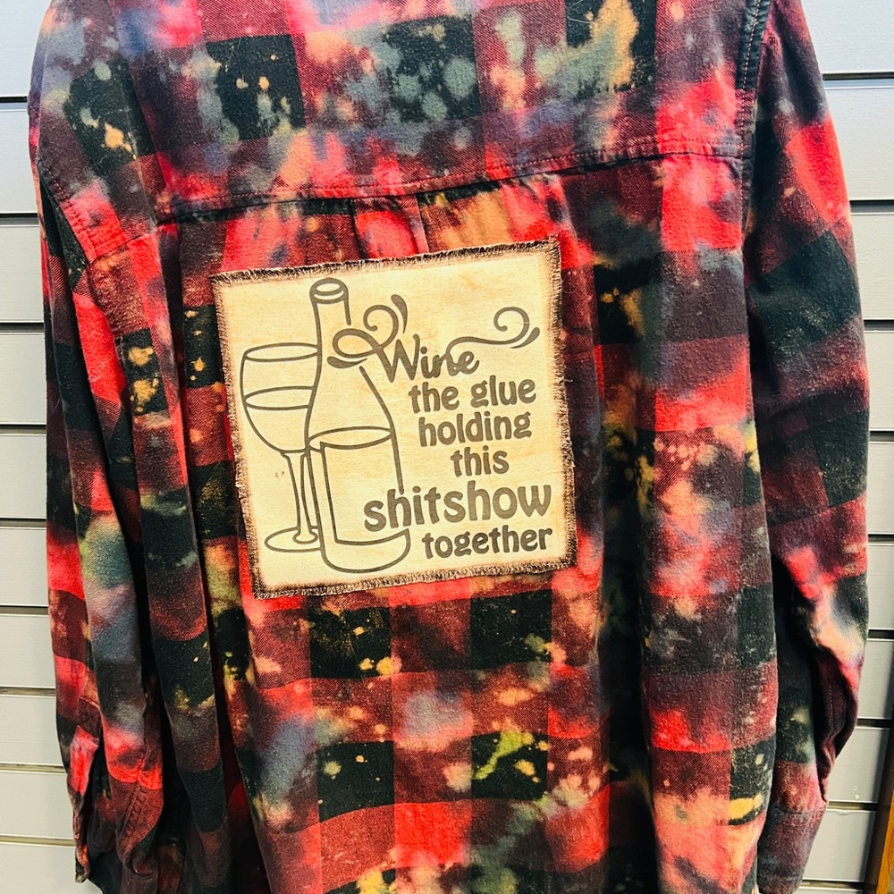 NWT Bleached Plaid Flannel Shirt with Wine Graphic Patch